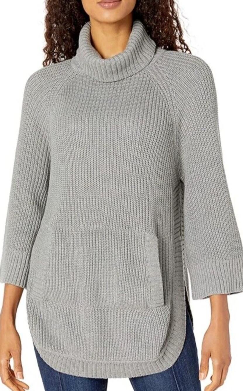 UGG Raelynn Gray Knit Turtleneck Poncho Sweater 100% Cotton M Pocketed Pullover